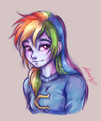 Size: 1612x1930 | Tagged: safe, artist:buttersprinkle, rainbow dash, equestria girls, g4, bust, clothes, female, gray background, simple background, solo, sweater, wondercolts