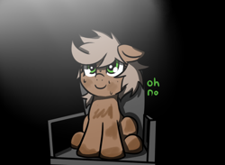 Size: 678x497 | Tagged: safe, artist:neuro, oc, oc only, earth pony, pony, chair, female, mare, oh no, runescape, sitting, smiling, solo, spotlight, sweat