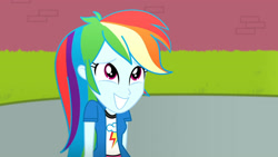 Size: 3410x1920 | Tagged: safe, screencap, rainbow dash, equestria girls, g4, my little pony equestria girls: summertime shorts, subs rock, <:), canterlot high, clothes, cute, cutie mark on clothes, female, grin, high res, my bad, nervous chuckle, sheepish grin, shirt, short-sleeved jacket, smiling, solo, teeth