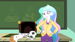 Size: 3410x1920 | Tagged: safe, screencap, princess celestia, principal celestia, equestria girls, g4, my little pony equestria girls: summertime shorts, subs rock, apron, chalkboard, clothes, female, football, hand on hip, high res, smiling, solo, sports