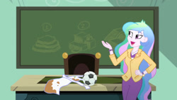 Size: 3410x1920 | Tagged: safe, screencap, princess celestia, principal celestia, equestria girls, g4, my little pony equestria girls: summertime shorts, subs rock, apron, chalkboard, clothes, female, football, hand on hip, high res, open mouth, open smile, smiling, solo, sports