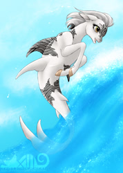 Size: 533x750 | Tagged: safe, artist:the13thblackcat, oc, oc only, hybrid, merpony, seapony (g4), brown eyes, bubble, cloud, dorsal fin, female, fish tail, logo, mare, ocean, open mouth, sky, smiling, solo, sunlight, tail, water, watermark, white mane