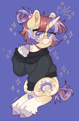 Size: 2166x3330 | Tagged: safe, artist:gaydotpng, moondancer, pony, unicorn, g4, clothes, female, glasses, high res, mare, purple background, redesign, simple background, solo, sweater, turtleneck, unshorn fetlocks