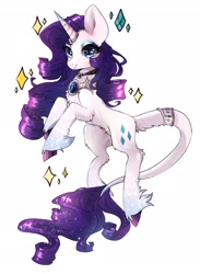 Size: 1767x2418 | Tagged: safe, artist:chocori, rarity, pony, unicorn, g4, blue eyes, blue eyeshadow, chest fluff, choker, eyeshadow, hock fluff, horn, horn ring, jewelry, leonine tail, makeup, pendant, peytral, rarity's cutie mark, ring, simple background, solo, sparkles, sparkly eyes, tail, tail bracelet, tail fluff, tail ring, unshorn fetlocks, white background, wingding eyes