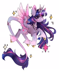 Size: 1977x2388 | Tagged: safe, artist:chocori, twilight sparkle, alicorn, pony, g4, chest fluff, colored hooves, colored wings, crown, gold hooves, high res, hock fluff, hooves, horn, horn ring, jewelry, leonine tail, long mane, long tail, looking at you, peytral, regalia, ring, simple background, solo, sparkles, tail, tail bracelet, tail ring, twilight sparkle (alicorn), twilight sparkle's cutie mark, two toned wings, unshorn fetlocks, white background, wings