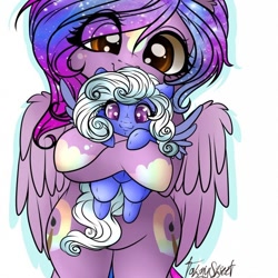 Size: 756x756 | Tagged: safe, artist:tawnysweet, oc, oc only, oc:comfy pillow, oc:dazzling talents, alicorn, pegasus, pony, bipedal, cute, eye clipping through hair, female, holding a pony, mare, ocbetes, plushie, simple background, solo, white background