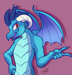 Size: 2547x2682 | Tagged: safe, artist:lechu-zaz, princess ember, dragon, g4, dragoness, female, hand on hip, high res, pink background, signature, simple background, smiling, solo, tongue out