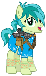 Size: 1500x2497 | Tagged: safe, artist:sketchmcreations, sandbar, earth pony, pony, g4, alternate hairstyle, bag, hood, link, male, open mouth, ponytail, saddle bag, simple background, smiling, solo, teenager, the legend of zelda, the legend of zelda: breath of the wild, transparent background, tunic, vector