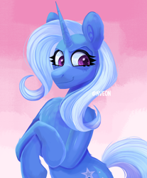Size: 2110x2550 | Tagged: safe, artist:nveon, trixie, pony, unicorn, g4, bipedal, bust, crossed hooves, female, high res, mare, portrait, signature, simple background, smiling, smirk, solo