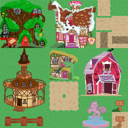 Size: 256x256 | Tagged: safe, artist:scootaloormayfly, g4, barn, fence, fountain, golden oaks library, grass, house, no pony, path, pixel art, ponyville, ponyville town hall, rpg maker, rpg maker vx ace, sign, sugarcube corner