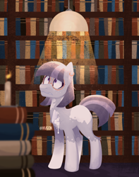 Size: 1500x1900 | Tagged: safe, artist:nveon, oc, oc only, earth pony, pony, book, bookshelf, ear piercing, earring, female, glasses, jewelry, lamp, library, mare, piercing, signature, solo