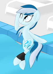 Size: 1920x2660 | Tagged: safe, artist:notadeliciouspotato, oc, oc:serene dive, earth pony, pony, beach chair, chair, diving board, female, mare, sitting, smiling, solo, swimming pool, water