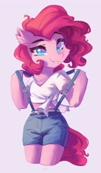 Size: 2384x4096 | Tagged: safe, artist:saxopi, pinkie pie, earth pony, semi-anthro, blue eyes, cheek fluff, chest fluff, clothes, colored pupils, cute, diapinkes, ear fluff, eyebrows, eyebrows visible through hair, female, gray background, happy, high res, looking at you, mare, simple background, smiling, smiling at you, solo, standing