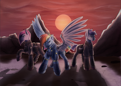 Size: 1254x894 | Tagged: safe, artist:arforzan, maud pie, pinkie pie, rainbow dash, earth pony, pegasus, pony, g4, alternate timeline, amputee, apinkalypse pie, apocalypse dash, apocalypse maud, artificial wings, augmented, backlighting, crystal war timeline, female, frown, mare, pinkamena diane pie, prosthetic limb, prosthetic wing, prosthetics, raised hoof, red sky, shadow, signature, soldier, sun, torn ear, trio, trio female, wings