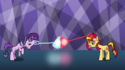 Size: 1920x1080 | Tagged: safe, artist:platinumdrop, starlight glimmer, sunset shimmer, pony, unicorn, fighting is magic, g4, beam, beam struggle, duel, duo, duo female, female, fight, glowing, glowing horn, horn, magic, mare, request, smiling, sunset vs starlight