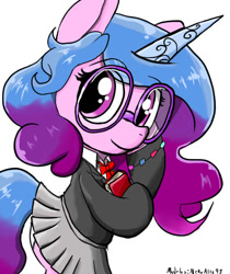 Size: 559x665 | Tagged: safe, artist:a.s.e, izzy moonbow, unicorn, semi-anthro, g5, arm hooves, book, butt, clothes, cute, eyebrows, eyebrows visible through hair, eyelashes, female, glasses, horn, izzybetes, looking at you, mare, meganekko, panties, plot, school uniform, simple background, skirt, smiling, smiling at you, solo, tail, underwear, uniform, upskirt, white background, white panties