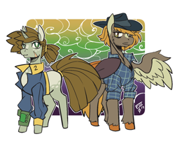 Size: 640x543 | Tagged: safe, artist:scarfyace, oc, oc:calamity, oc:littlepip, pegasus, pony, unicorn, fallout equestria, clothes, female, hat, jumpsuit, male, mare, size difference, stallion, vault suit