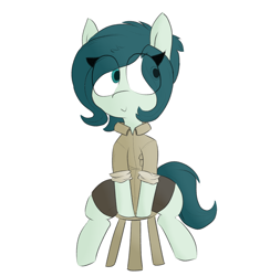 Size: 1170x1200 | Tagged: safe, artist:cherro, oc, oc only, pony, clothes, shirt, shorts, simple background, solo, stool, white background