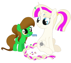 Size: 2006x1796 | Tagged: safe, artist:dyonys, oc, oc only, oc:groovy moves, oc:lucky brush, earth pony, pony, unicorn, accessories, braid, brush, cute, female, filly, foal, freckles, hair accessory, mother and child, mother and daughter, simple background, sitting, transparent background, wholesome