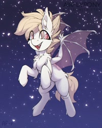 Size: 1200x1500 | Tagged: safe, artist:airfly-pony, oc, oc only, bat pony, pony, chest fluff, commission, ear fluff, eye clipping through hair, fangs, flying, signature, slit pupils, solo, transparent wings, wings, ych result