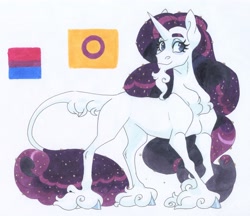 Size: 3389x2922 | Tagged: safe, artist:frozensoulpony, rarity, classical unicorn, pony, unicorn, g4, beard, bisexual pride flag, chest fluff, description is relevant, facial hair, high res, horn, intersex pride flag, leonine tail, pride, pride flag, reference sheet, solo, traditional art, unshorn fetlocks