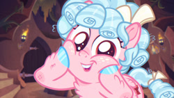 Size: 540x304 | Tagged: safe, artist:lockandkeyhyena, edit, edited screencap, screencap, cozy glow, pegasus, pony, g4, the summer sun setback, cheek squish, chest fluff, colored hooves, cozybetes, cute, evil lair, female, filly, fluffy, foal, grogar's lair, hoof fluff, hoof on cheek, lair, leg fluff, looking at you, smiling, solo, sparkly eyes, squishy cheeks, wingding eyes