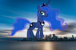 Size: 1920x1282 | Tagged: safe, artist:dashiesparkle, artist:thegiantponyfan, princess luna, alicorn, pony, g4, canada, crown, female, folded wings, giant alicorn, giant pony, giantess, highrise ponies, hoof shoes, irl, jewelry, looking at you, macro, mare, mega giant, mega luna, photo, ponies in real life, regalia, smiling, toronto, wings