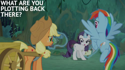 Size: 1280x720 | Tagged: safe, edit, edited screencap, editor:quoterific, screencap, applejack, mean rarity, rainbow dash, earth pony, pegasus, pony, unicorn, g4, season 8, the mean 6, applejack's hat, butt, clone, cowboy hat, female, flying, hat, magic, mare, open mouth, plot, rainbutt dash, spread wings, telekinesis, text, trio, wings