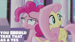 Size: 1280x720 | Tagged: safe, edit, edited screencap, editor:quoterific, screencap, fluttershy, pinkie pie, earth pony, pegasus, pony, g4, princess twilight sparkle (episode), season 4, duo, female, mare, smiling, text