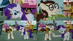 Size: 1280x720 | Tagged: safe, edit, edited screencap, editor:quoterific, screencap, gizmo, rarity, pony, unicorn, g4, putting your hoof down, season 2, duo, eyes closed, female, male, mare, open mouth, open smile, smiling, stallion, text