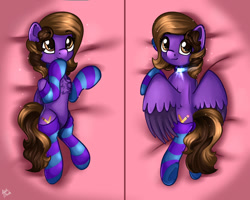 Size: 1280x1024 | Tagged: safe, artist:appleneedle, oc, oc only, oc:hannah rainboom, pegasus, pony, body pillow, body pillow design, chest fluff, clothes, commission, eyebrows, eyebrows visible through hair, female, lying down, mare, pegasus oc, prone, signature, socks, solo, striped socks, tail, underhoof, wings