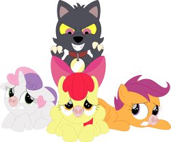 Size: 3560x2956 | Tagged: safe, artist:porygon2z, apple bloom, scootaloo, sweetie belle, earth pony, pegasus, pony, titan, unicorn, g4, collar, crossover, cutie mark crusaders, female, filly, foal, group, high res, hilarious in hindsight, king clawthorne, male, pet tag, quartet, show accurate, simple background, the owl house, three little pigs, transparent background, unmasked
