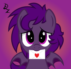 Size: 4167x4012 | Tagged: safe, artist:drzedworth, artist:zedwin, oc, oc only, oc:midnight purple, bat pony, pony, commission, holiday, letter, looking at you, love letter, solo, valentine's day, ych result