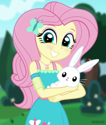 Size: 7000x8305 | Tagged: safe, artist:n0kkun, angel bunny, fluttershy, rabbit, equestria girls, g4, absurd resolution, animal, cute, duo, duo male and female, female, grin, male, shyabetes, signature, smiling