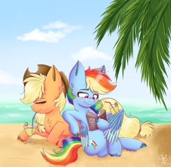 Size: 1987x1949 | Tagged: safe, artist:galaxy swirl, applejack, rainbow dash, earth pony, pegasus, pony, g4, applejack's hat, beach, book, colored eyebrows, cowboy hat, drink, duo, duo female, eyebrows, eyebrows visible through hair, eyes closed, female, hat, lesbian, mare, ocean, outdoors, palm tree, reading, ship:appledash, shipping, signature, tree, unshorn fetlocks, water, wings