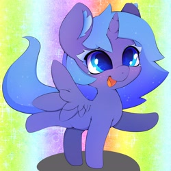 Size: 3000x3000 | Tagged: safe, artist:zokkili, princess luna, alicorn, pony, g4, cute, ear fluff, ethereal mane, extended trot pose, female, filly, foal, high res, horn, lunabetes, open mouth, rainbow background, solo, starry mane, wingding eyes, wings, woona, younger