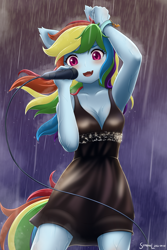Size: 1600x2400 | Tagged: safe, artist:symbianl, rainbow dash, anthro, equestria girls, absolute cleavage, black dress, breasts, cleavage, clothes, commission, commissioner:ajnrules, cute, cute little fangs, dashabetes, dress, fangs, female, human facial structure, little black dress, microphone, open mouth, open smile, ponied up, rain, rainbow dash always dresses in style, singing in the rain, smiling, solo