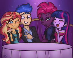 Size: 1440x1132 | Tagged: safe, artist:purfectprincessgirl, flash sentry, sunset shimmer, tempest shadow, twilight sparkle, human, equestria girls, g4, double date, equestria girls-ified, female, lesbian, male, ship:flashimmer, ship:tempestlight, shipping, straight