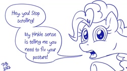 Size: 1200x675 | Tagged: safe, artist:pony-berserker, pinkie pie, earth pony, pony, pony-berserker's twitter sketches, pony-berserker's twitter sketches (2022), g4, female, lineart, looking at you, monochrome, pinkie sense, solo, talking to viewer