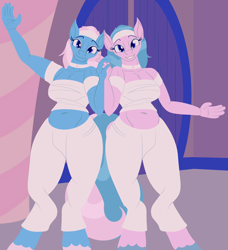 Size: 3790x4149 | Tagged: safe, artist:sixes&sevens, aloe, lotus blossom, earth pony, anthro, unguligrade anthro, g4, choker, duo, exposed belly, female, freckles, holding hands, looking at you, ponyville spa, siblings, sisters, smiling, smiling at you, spa twins, twins