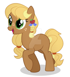 Size: 1024x1119 | Tagged: safe, artist:spectrumnightyt, oc, oc only, oc:toffee apple, earth pony, pony, base used, deviantart watermark, earth pony oc, female, freckles, full body, hooves, mare, obtrusive watermark, offspring, open mouth, open smile, parent:applejack, parent:caramel, parents:carajack, raised hoof, shadow, simple background, smiling, solo, tail, transparent background, watermark