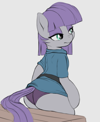 Size: 1233x1507 | Tagged: safe, artist:anonymous, artist:spectre-z, edit, maud pie, earth pony, pony, g4, bench, boulder buns, butt, clothes, drawpile, dress, dress lift, eyeshadow, female, gray background, lidded eyes, makeup, mare, panties, plot, purple underwear, simple background, sitting, sketch, solo, stupid sexy maud pie, underwear, white background