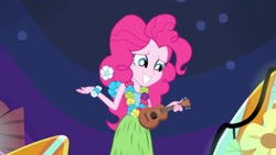 Size: 3410x1920 | Tagged: safe, screencap, pinkie pie, equestria girls, g4, my little pony equestria girls: rainbow rocks, shake your tail, female, grin, high res, musical instrument, sleeveless, smiling, solo, ukulele