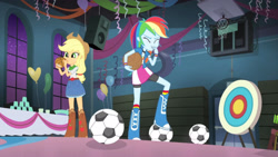 Size: 3410x1920 | Tagged: safe, screencap, applejack, rainbow dash, equestria girls, g4, my little pony equestria girls: rainbow rocks, shake your tail, applejack's hat, balloon, basketball, belt, blowing up balloons, blowing whistle, boots, clothes, cowboy boots, cowboy hat, cutie mark on clothes, denim skirt, duo, duo female, eyes closed, female, football, hat, high res, night, rainblow dash, rainbow dashs coaching whistle, shoes, skirt, sports, that pony sure does love balloons, that pony sure does love whistles, whistle, whistle necklace