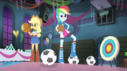 Size: 3410x1920 | Tagged: safe, screencap, applejack, rainbow dash, equestria girls, g4, my little pony equestria girls: rainbow rocks, shake your tail, applejack's hat, balloon, basketball, belt, boots, clothes, cowboy boots, cowboy hat, cutie mark on clothes, denim skirt, duo, duo female, female, football, hat, high res, night, shoes, skirt, smiling, sports, whistle, whistle necklace