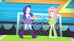 Size: 3410x1920 | Tagged: safe, screencap, fluttershy, rarity, equestria girls, g4, my little pony equestria girls: rainbow rocks, shake your tail, boots, bracelet, duo, duo female, eyes closed, female, hairpin, high res, jewelry, open mouth, shoes, smiling