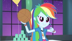 Size: 3410x1920 | Tagged: safe, screencap, rainbow dash, equestria girls, g4, my little pony equestria girls: rainbow rocks, shake your tail, basketball, clothes, cutie mark on clothes, female, high res, night, smiling, solo, sports