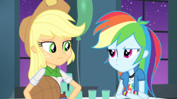 Size: 3410x1920 | Tagged: safe, screencap, applejack, rainbow dash, equestria girls, g4, rainbow rocks, shake your tail, applejack's hat, basketball, belt, clothes, cowboy hat, crossed arms, cutie mark on clothes, denim skirt, duo, duo female, female, hat, high res, night, skirt, sports