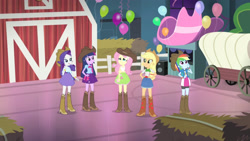 Size: 3410x1920 | Tagged: safe, screencap, applejack, fluttershy, rainbow dash, rarity, twilight sparkle, equestria girls, g4, my little pony equestria girls: rainbow rocks, shake your tail, applejack's hat, balloon, belt, boots, bracelet, clothes, cowboy boots, cowboy hat, denim skirt, female, hairpin, hat, hay, high res, jewelry, open mouth, open smile, shoes, skirt, smiling
