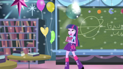 Size: 3410x1920 | Tagged: safe, screencap, twilight sparkle, equestria girls, g4, my little pony equestria girls: rainbow rocks, shake your tail, balloon, book, chalkboard, clothes, cutie mark on clothes, female, high res, open mouth, open smile, smiling, solo